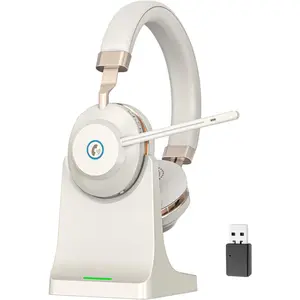 Wireless Headset with Mic for Work, Bluetooth Headphones with Mic Mute and USB Dongle, V5.2 Bluetooth Headset with Microphone Noise Canceling and Charging Base, 45 Hrs for Meetings, Office, Call Center, Teams