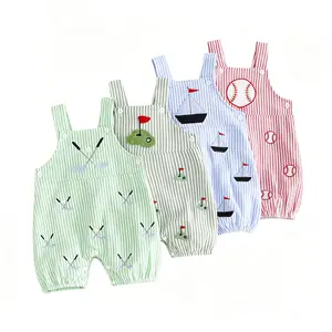 Infant Baby Boy Jumpsuit Cute Golf/Sailboat/Baseball Embroidery Sleeveless Striped Overall Pants 0-18 Months
