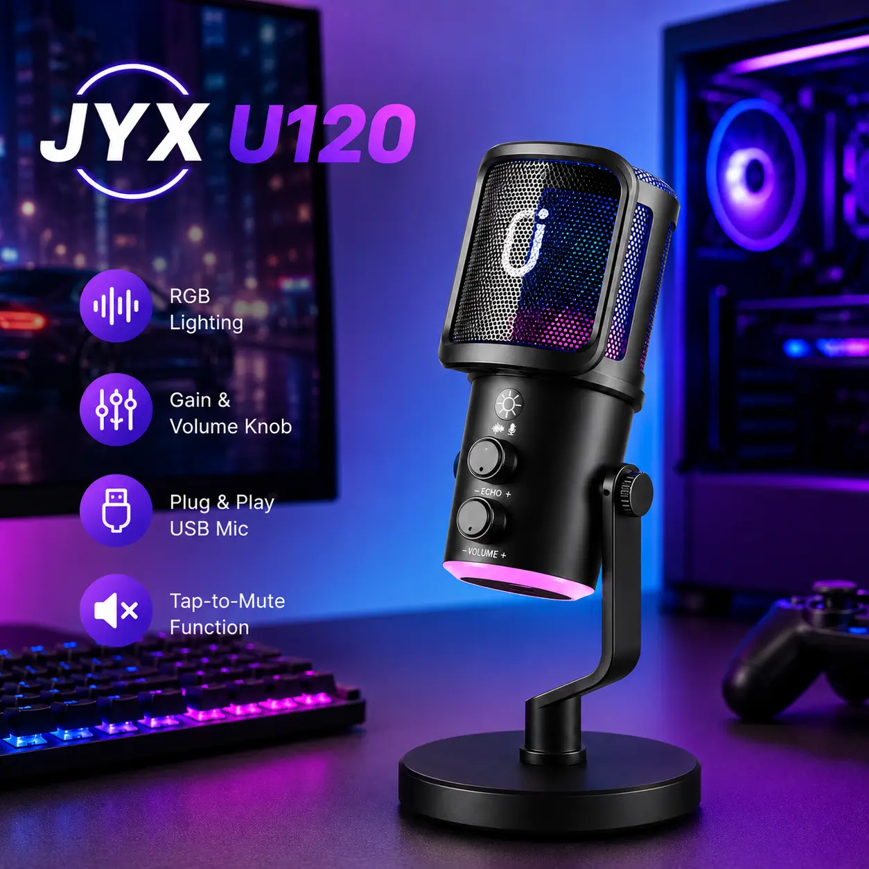 JYX U120 RGB Streaming Gaming Microphone with RGB Lights One-tap Mute Headphone Jack for PC Mac PS5 PS4 Ideal for Streaming Gaming Podcasting Compact Durable Design outdoorfun Headset Recording Plug Audio Connection Metal SummerWins DealsForYouDays