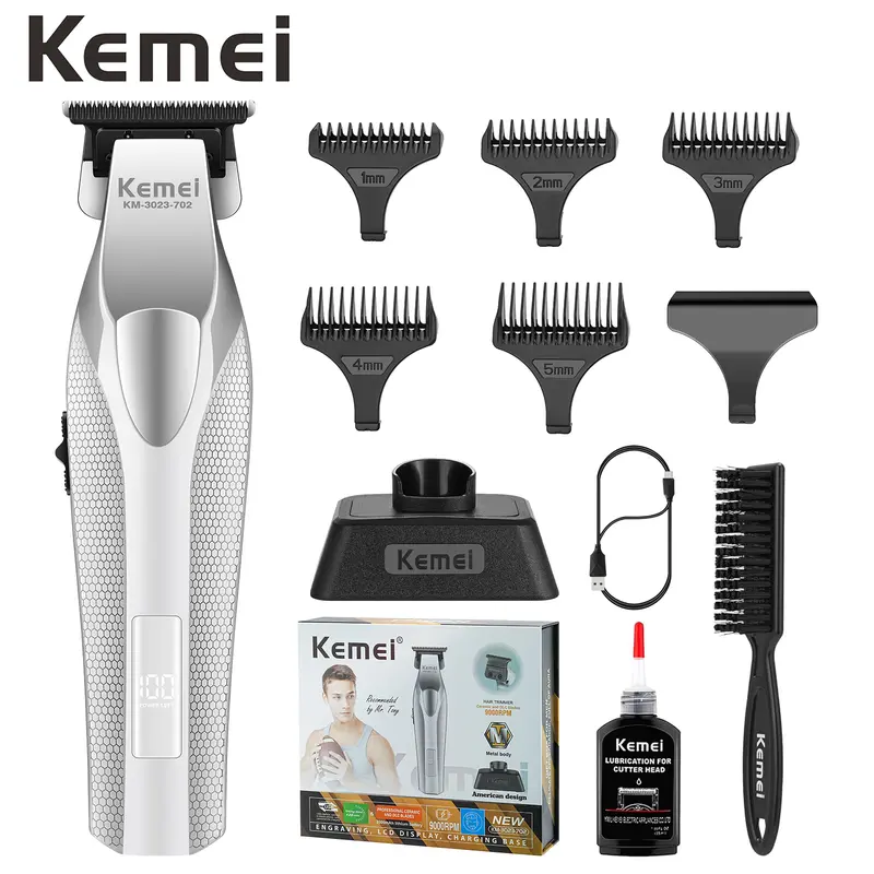 KEMEI KM-3023-702 Professional Cordless High Precision Hair Trimmers & Clippers for Men, Barber Equipment with Beard Shaping Tool Function, LED Display, 9000RPM Brushless Motor, 0-Gapped T-Blade, Ideal Gift