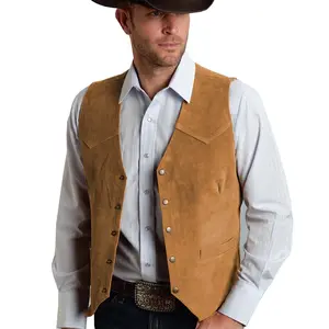 Men's Western Cowboy Suit Vest Slim Fit Faux Suede Leather Dress Vests Waistcoat for Wedding