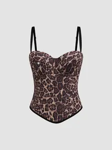 Spicy Girl Style Leopard Print Long Camisole Women's Stretch Body Shaping Fishbone Corset Top with Rhinestones body  top sexy backless halter top