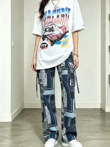 Women's Faux Patchwork Washed Print High-Waist Cargo Pants - Detachable Strap, Side Patch Pockets, Loose Straight Wide Leg Heavyweight Denim Trousers | Womenswear