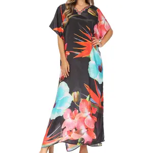 Sakkas Vicky Women's Casual Long Print Short Sleeve Petite Beach Maxi Caftan Dress