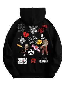 Men's Fuerza Regida Corrido Hoodie - Full Print Graphic Black Cotton Blend Hoodie, Drawstring Hood, Soft Breathable Mexican Streetwear for Concerts