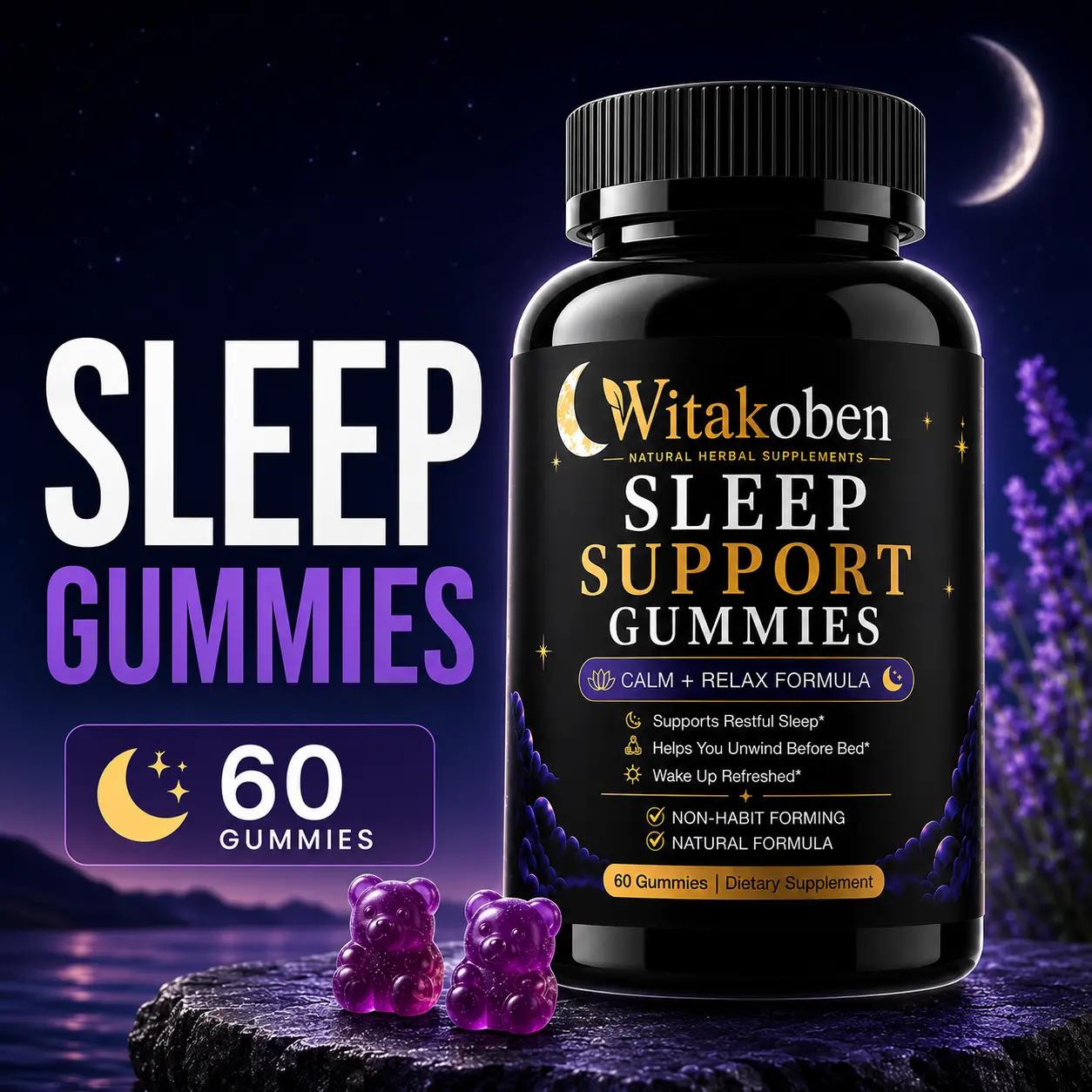 Sleep Support Gummies for Adults, Nighttime Calm & Relax Formula, Non-Habit-Forming Bedtime Supplement, Restful Sleep and Evening Routine Support, Natural Formula, 60 Gummies