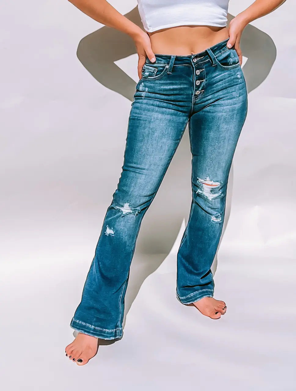 Petite Mid Rise Flare Jeans - Soft Stretchy Denim, Comfortable Mid-Rise Waist, Subtle Flare Leg, All-Season Wear, Perfect for Petite Frames