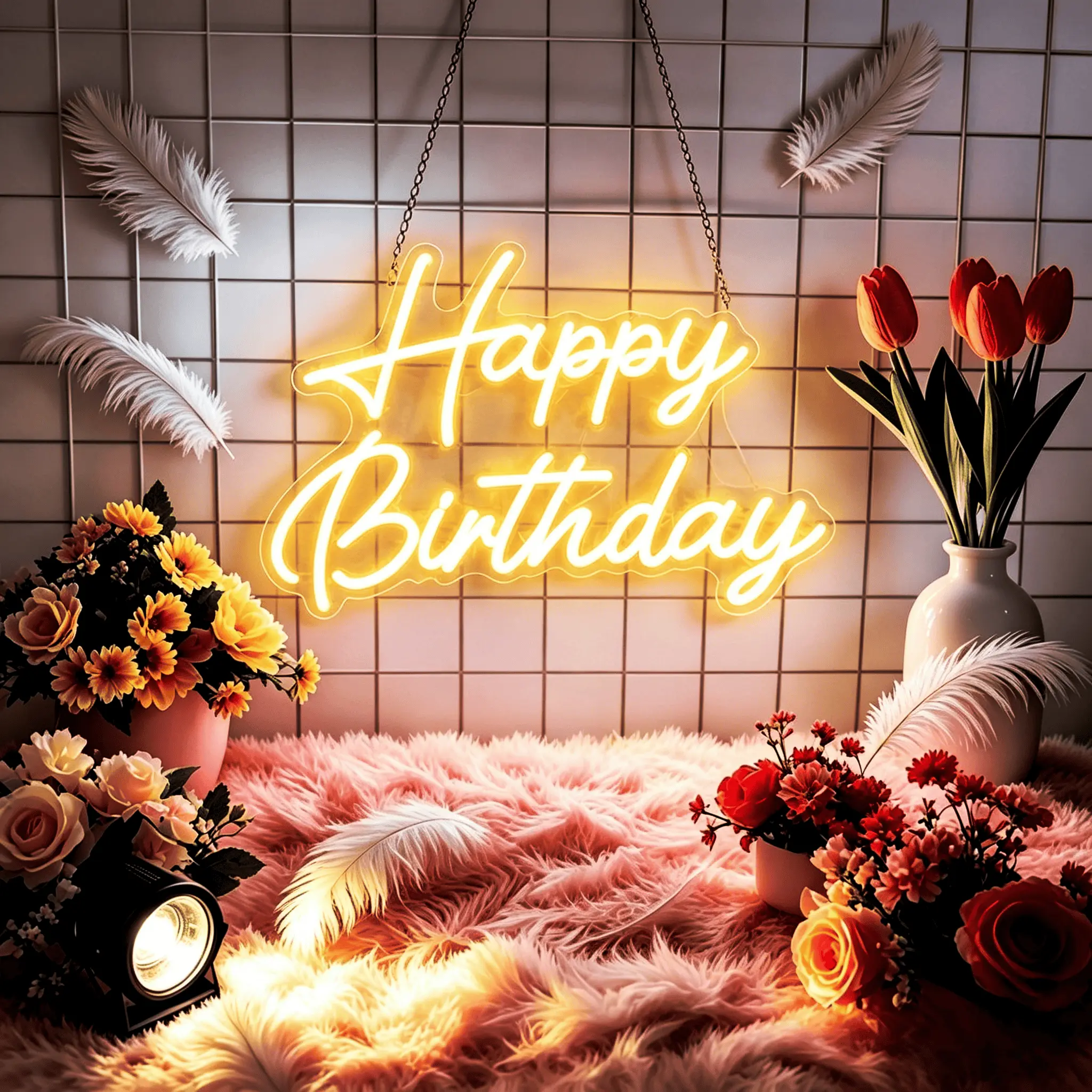 Happy Birthday Cursive Neon Sign, USB Powered Dimmable Warm White LED Neon Light, Birthday Party Backdrop Wall Decor for Kids 1st Birthday Home, Birthday Gift for Kids & Moms