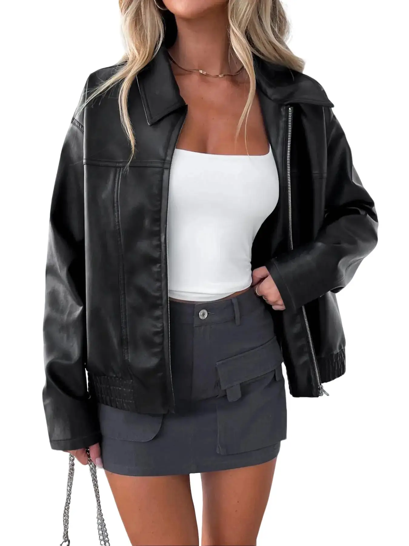 Women's Solid Drop Shoulder Zipper PU Faux Leather Jacket, Fitted Basic Casual Long Sleeve Collared Outerwear for Fall & Winter, Ladies Clothes Winter