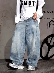 Men's Retro Vintage Wide Leg Jeans, Loose-Fit High Street Style Denim Jeans, Casual Plain Design for All Seasons, Denim Trouser
