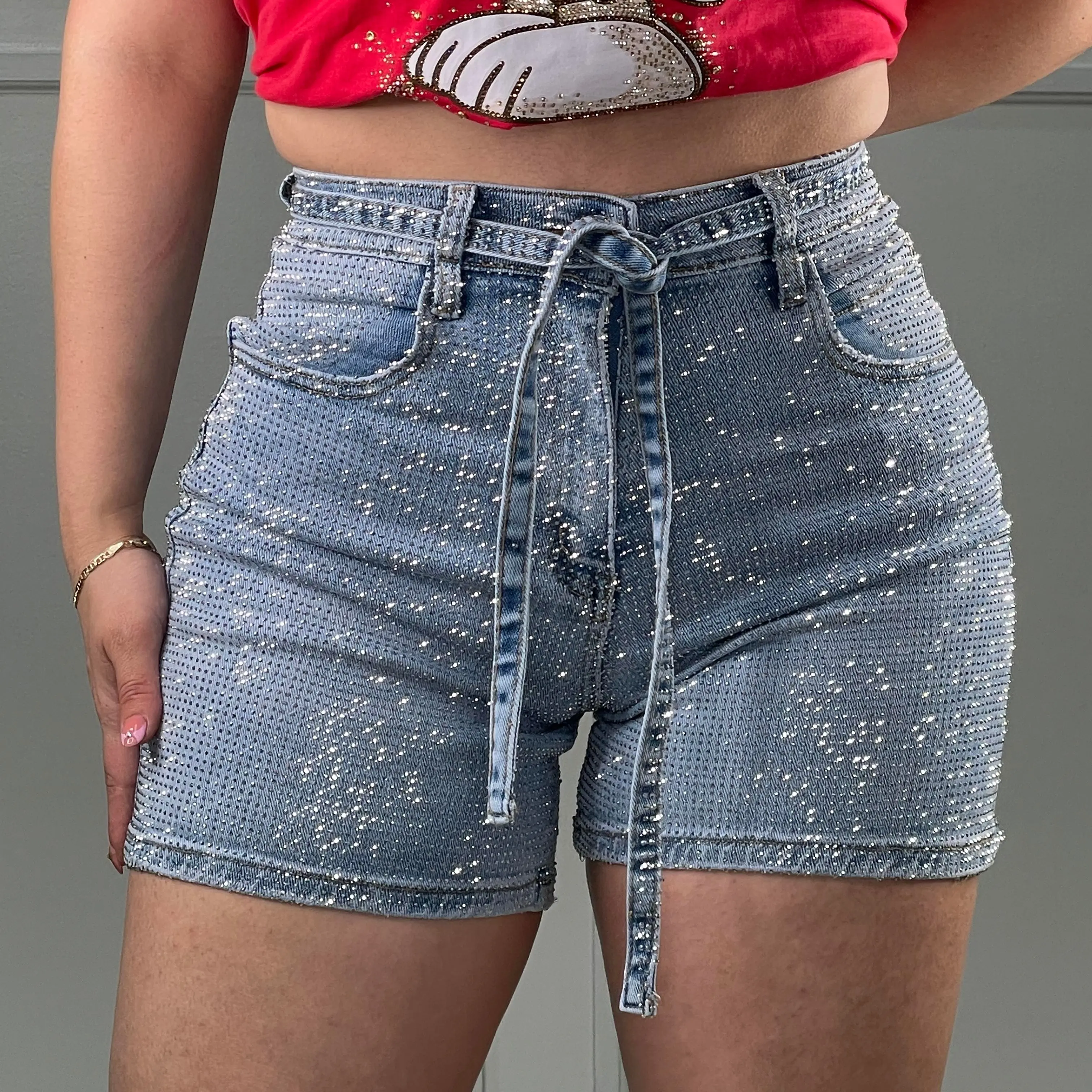 Noemi's Rhinestone Medium Length Shorts - Rhinestone Belt Included