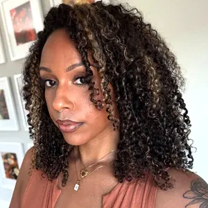 OQ HAIR Kinky Curly Wear Go Half Wig 1B/30 Black With Golden Brown Highlight Color 3 In 1 Half Wig With Drawstring Flip Over Glueless Wig