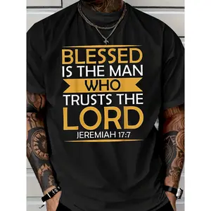 🏆Men's Plus Size XL Verse T-Shirt - Jeremiah 17:7 "Blessed is the for Man Who Trusts the Lord" Print, Soft Breathable Cotton Short Sleeve Crew Neck Casual Apparel, Non- All-Season Comfort Fit for Church & Daily Wear, PLUS SIZE