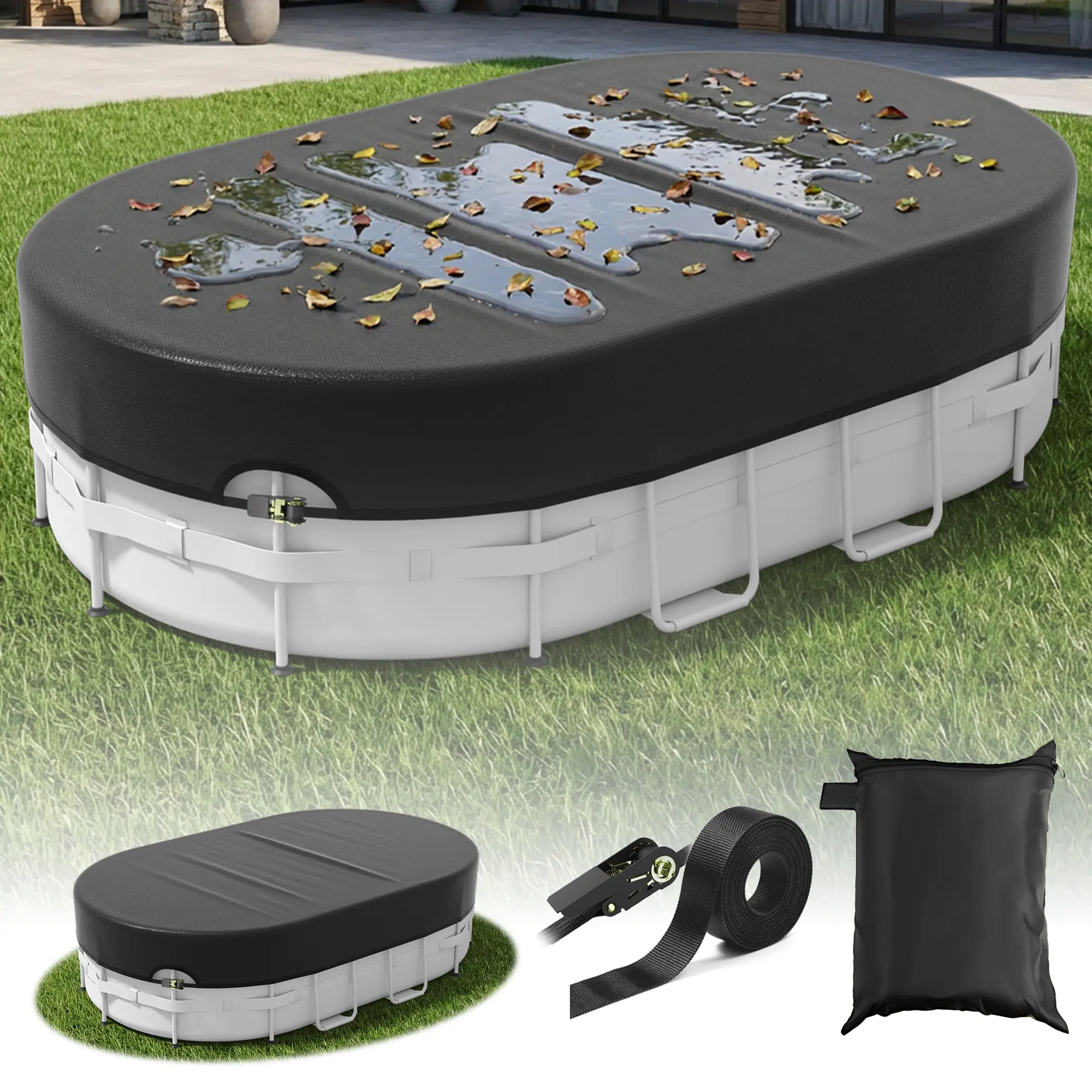 Agricasst Oval Above-Ground Pool Cover (7x13FT, Multiple Size Options) - Durable Super-Tough Oxford Fabric, Heavy-Duty Metal Mechanical Latch, Windproof, UV Resistant Home Supply Rain Cloth