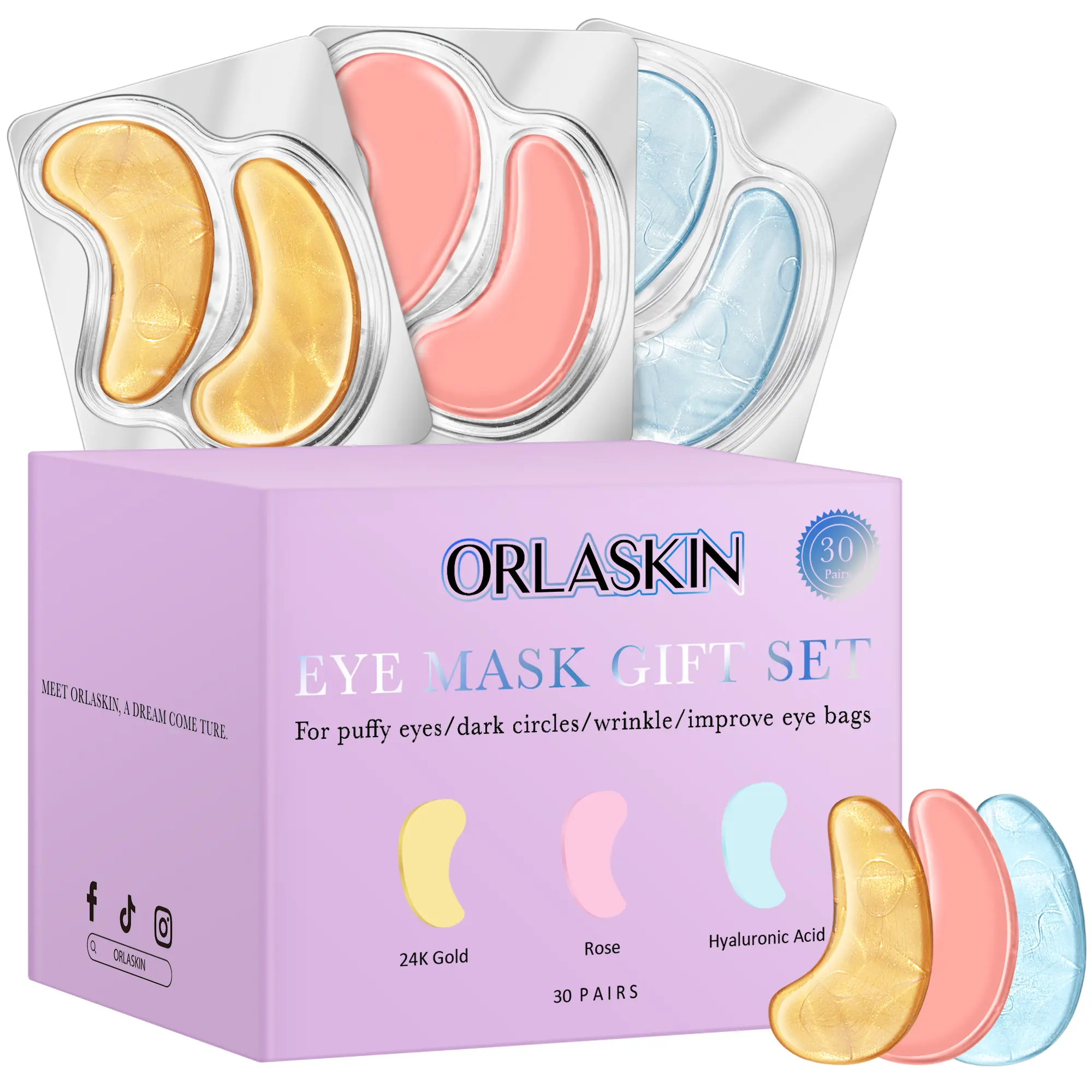 Orlaskin 30-pair eye mask set effectively reduces eye bags, dark circles, and puffiness, diminishes fine lines,rich in rose, hyaluronic acid, and 24K gold.gentle and non-irritating,caring for the delicate skin around the eyes,eye patches Gift Smooth Daily