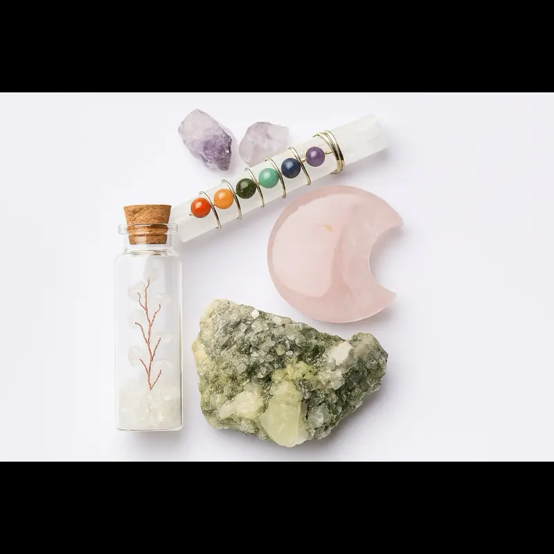 Assorted crystals . Clear quartz tree in a bottle, sphalerite palm stone , rose quartz moon, green tourma line & celenite chakra stick