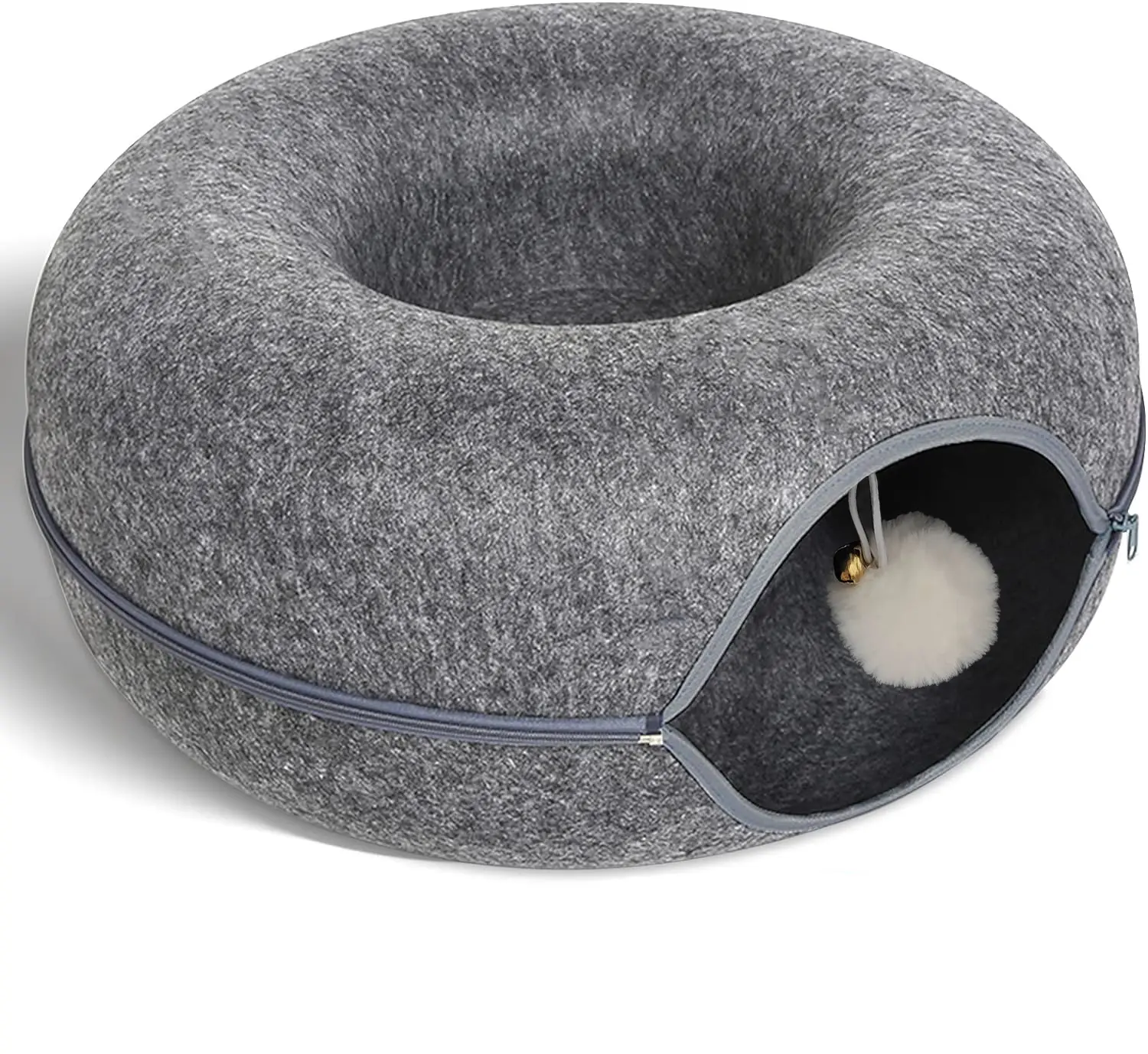 20/24 inch cat litter with a small white toy fur ball, kitten tunnel bed designed for indoor cats,  donut tunnels for pet cat houses , cat cave donut beds, removable round cat felt and washable indoor cat play tunnels, light grey/dark grey