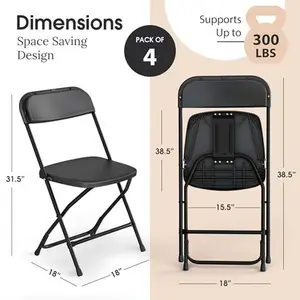 4 Pack Black Plastic Folding Chair, Indoor Outdoor Portable Stackable Commercial Seat with Steel Frame 350lb. Capacity for Events Office Wedding Party Picnic Kitchen Dining