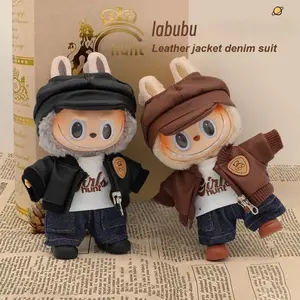 5pcs Doll Clothes Set For 15-17cm Labubu Clothing Accessories Stylish Doll Clothes Black Leather Jacket Hat T-shirt Jeans shoes Outfit for Vinyl doll
