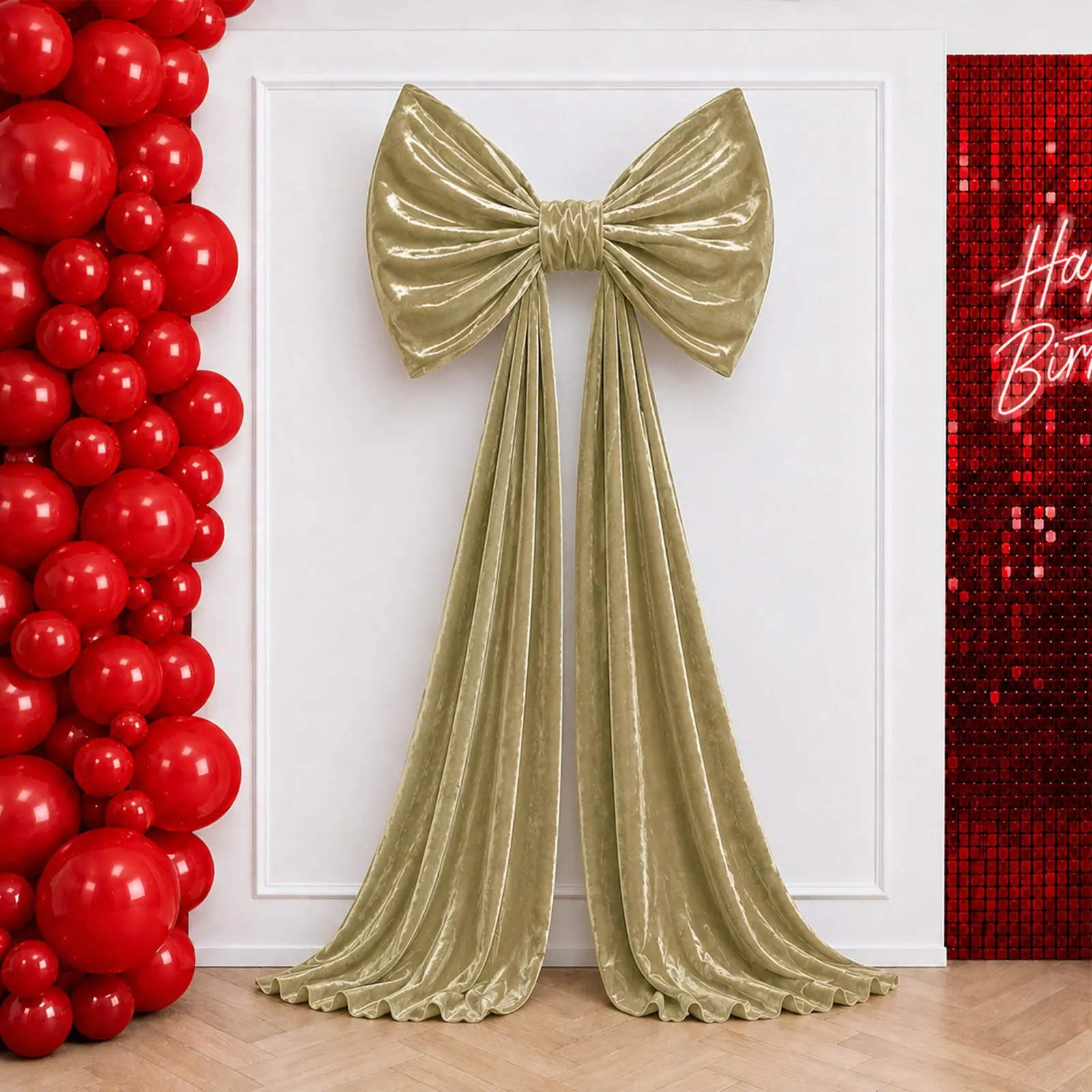 Solid Velvet Giant Bow Backdrop Decor, 10ft Champagne Gold - Coquette Theme Weddings, Birthdays