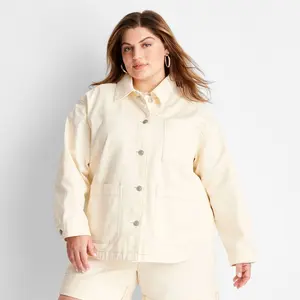 Women's Contrast Stitch Denim Chore Coat - Future Collective Cream 1X: Oversized Midweight Woven Jacket