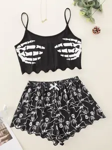 Women's Halloween Skull Print Summer Lounge Loungewear Co-ord Set, Casual Crop Cami Top & Bow Front Elastic Waist Shorts, Halloween Pajamas, Summer Pajama Set, Summer Wear 2024, Women Nightwear, 90s Clothes, Spirit Halloween 2024, Medium