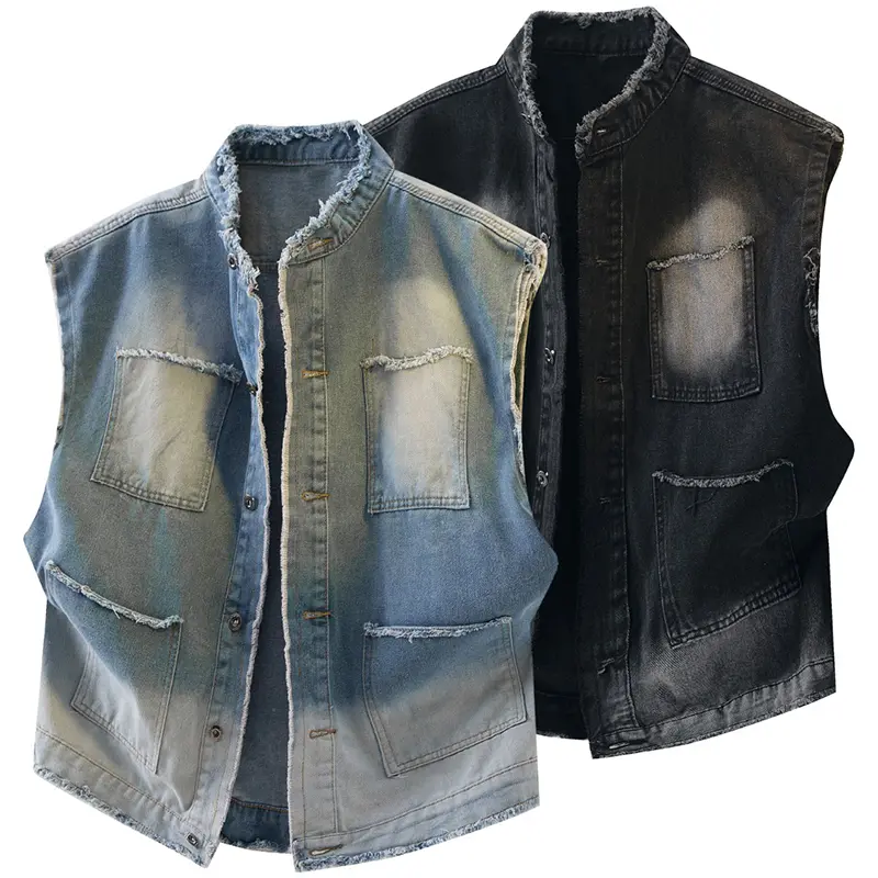Men’s Washed Sleeveless Denim Vest - Vintage American Style Distressed Button-Down Work Gilet, Tank Top for Casual Wear, Fathersdaygift, Washed Sleeveless Vest, Sleeveless Button-Down Work Jacket