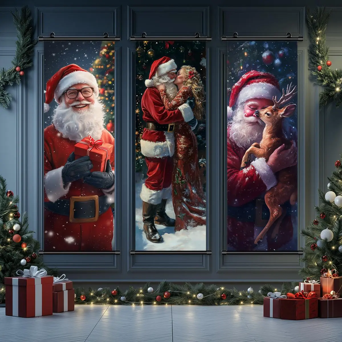 Christmas Themed Hanging Banner, 3 Counts/set Santa Claus Pattern Wall Decor, Wall Art for Home Living Room Bedroom Office Decoration