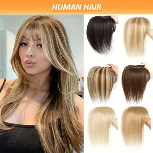 Wholesale New Real Human Hair Topper with Bangs - Golden Brown Mixed Bleach Blonde, Straight Clip-In Extension for Women, Natural Look & Easy Application, Adds Volume & Length, Perfect for Everyday Styling, Hair Styling, Sleek Hairpiece, Secure Clip Att