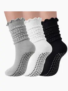 3 Pairs Ruffle Grip Pilates Socks for Women, Yoga Slouch Socks with Grip for Barre Workout Hospital Long Scrunch Slipper Socks, Grip Sports Socks