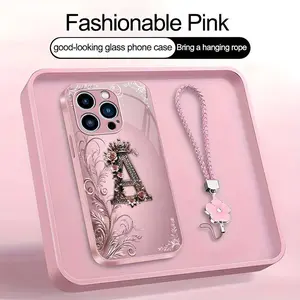 Crown Floral Art 26 letter Phone Case, Suitable for [iPhone 14 Pro Max] high-end women's, Lanyard a beautiful four-leaf clover lanyard is included🍀 952