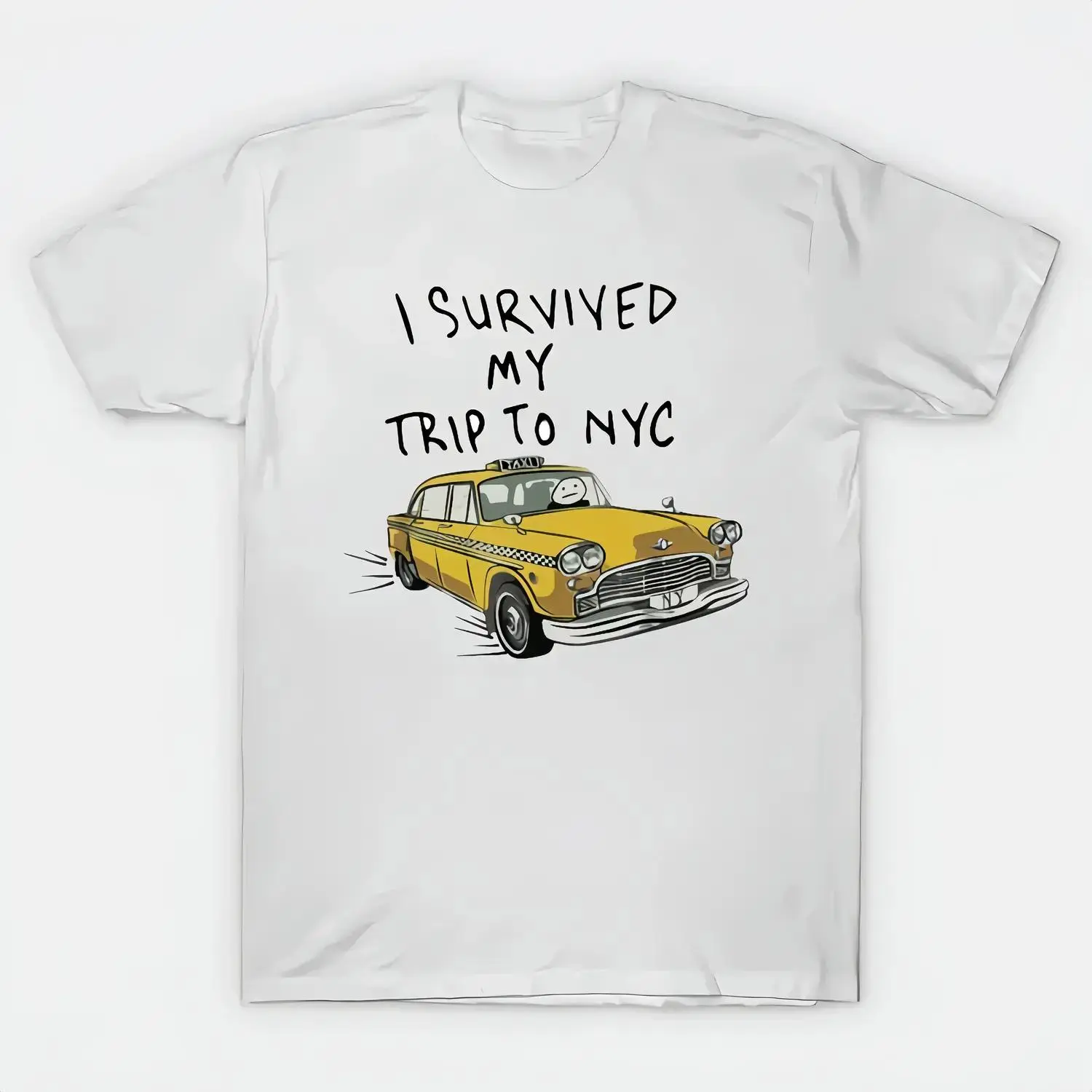 Menswear Graphic T-Shirt with 'I Survived NYC' Funny Cat Print, Casual Fashion Shortsleeve Top in Soft Fabric, Day, Round Neck, Tops
