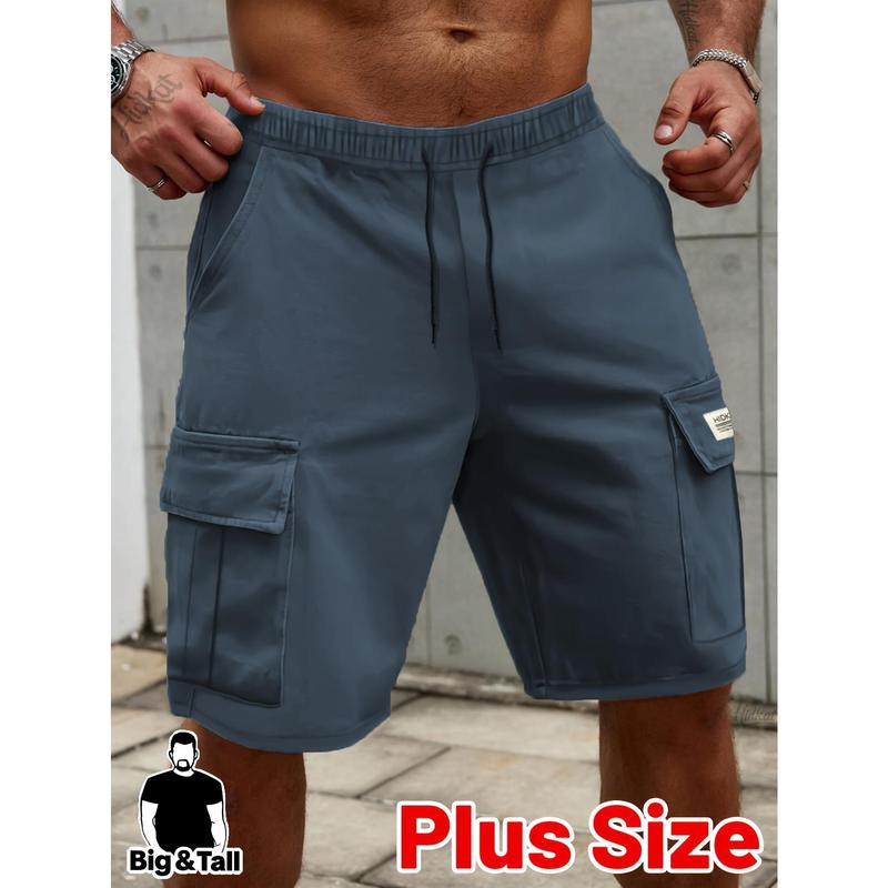 Plus Size Men's Dark Blue Plain Cargo Shorts - Menswear with Pockets, Stylish Solid Color, Ideal for Summer Outdoor Activities, Daily Casual Wear
