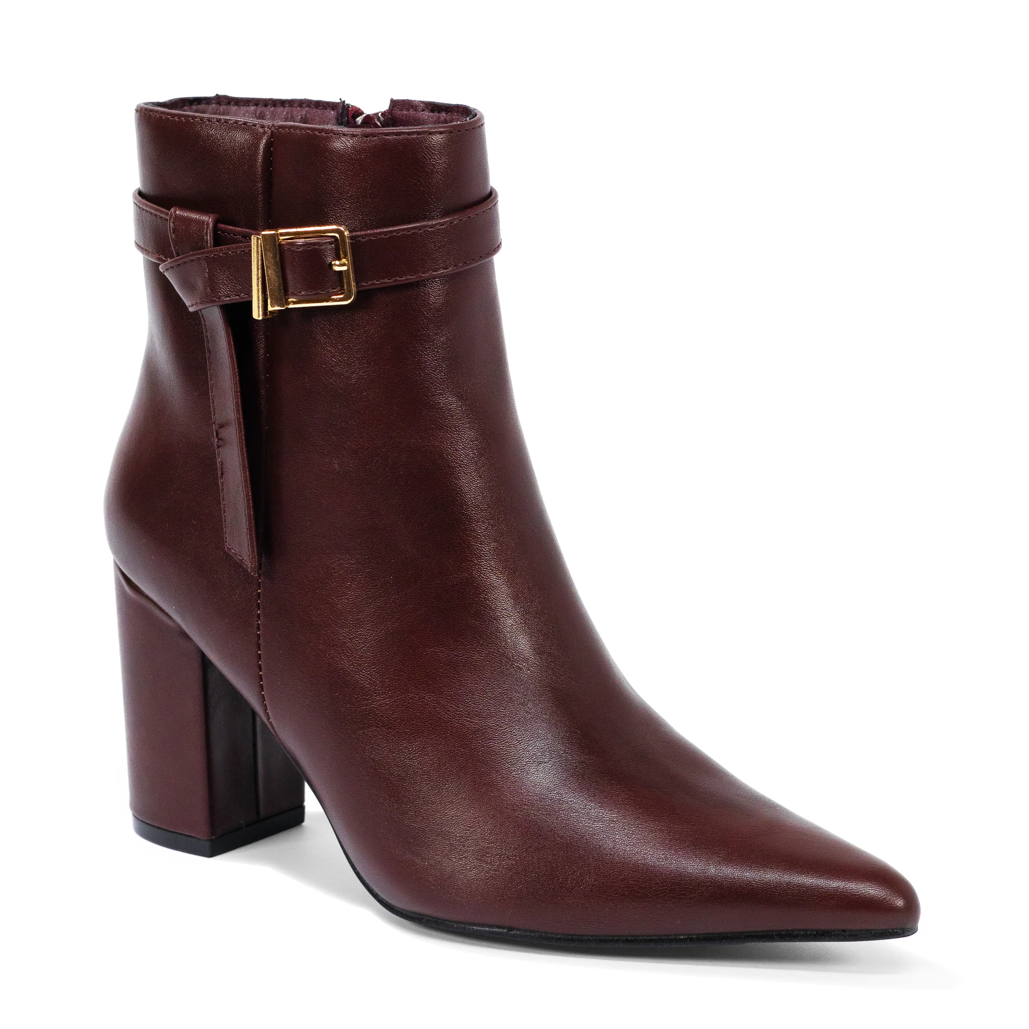 Blanche- Women’s Pointed Toe Ankle Boots, Faux Leather Block Heel Booties with Buckle Strap Detail, Elegant Side Zip Fashion Boots for Work, Dressy Occasions & Seasonal Styling