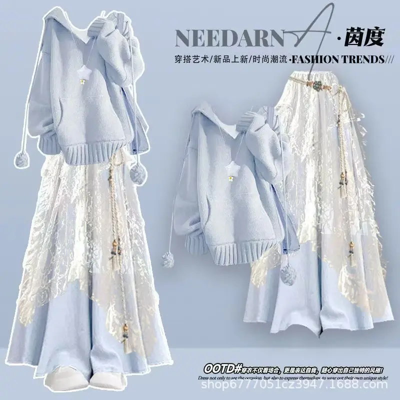 Gentle Rich Lady Style Outfit, Blue Sweater & Lace Dress Set, Waist Cinched Skirt Pants for Early Autumn & Winter