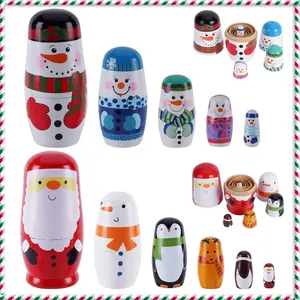 2 Pack Wooden Handmade Russian Nested Matryoshka Stacking Dolls Toys for Kids Toddlers, Christmas Home Decoration Gift (Santa Snowman)