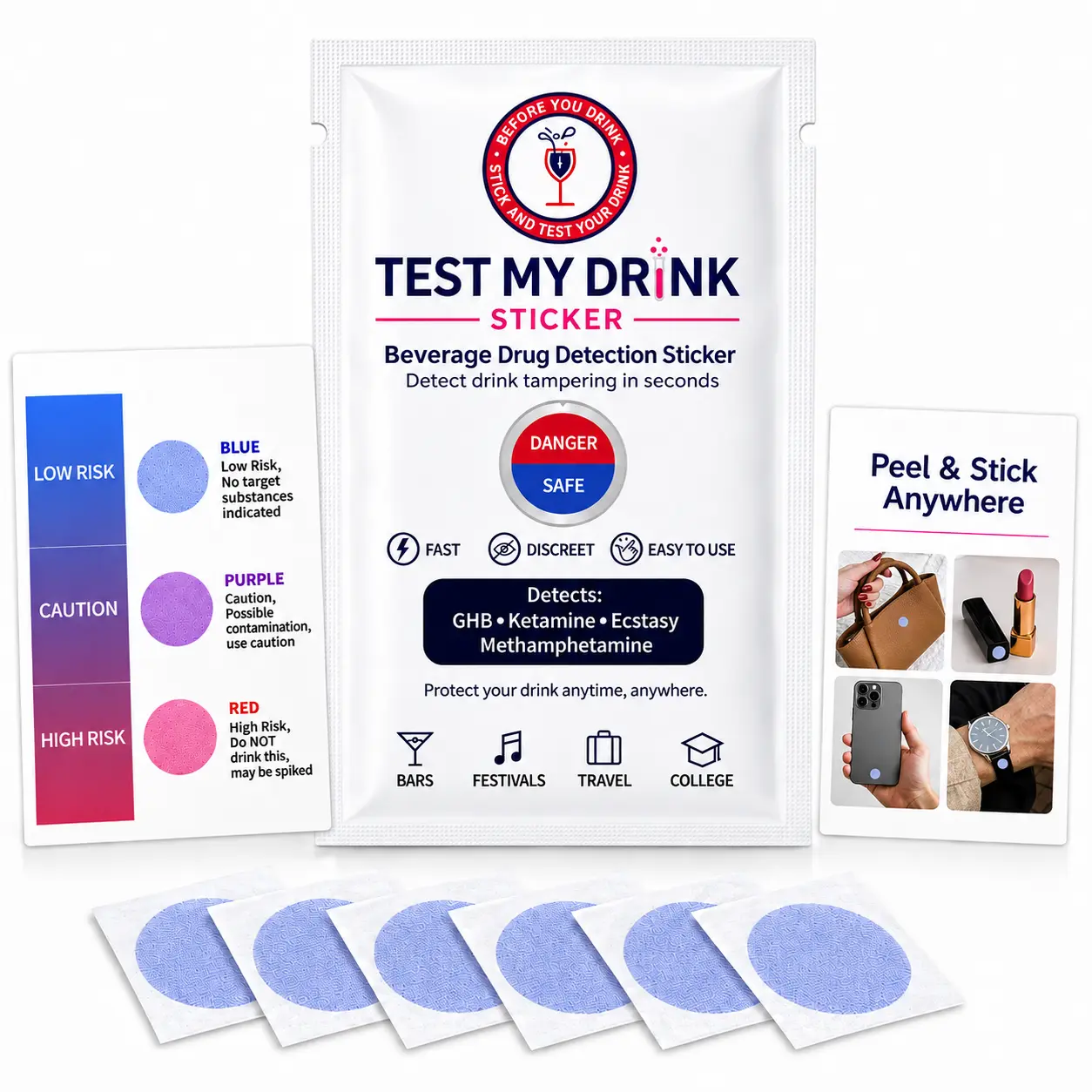 Test My Drink Beverage Test Stickers, 6 Tests, 4-Substance Screening, Peel & Stick Anywhere