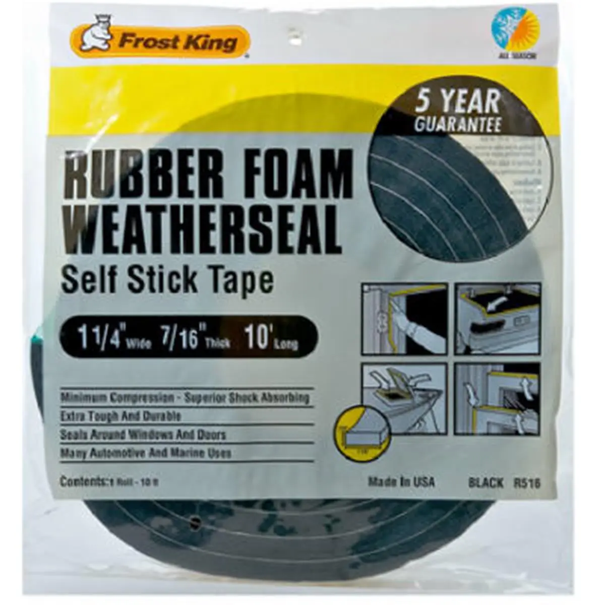 212 MAIN Thermwell R516H Compressible Self-Stick Adhesive Backed Foam Weather-Strip Tape, 1.25x0.44in, Black, DIY Door Sealer