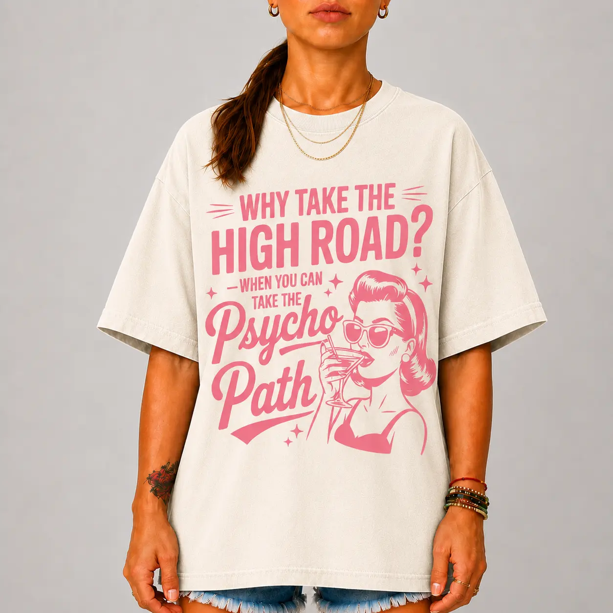 Funny Psycho Path Shirt, Why Take The High Road When You Can Take The Psycho Path Tee, Sarcastic Hot Mess Humor T-Shirt, Retro Mental Breakdown Graphic Tee, Funny Psychopath Quote Shirt, Women's Snarky Humor Tee