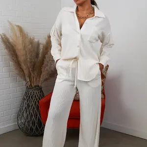 Amanda Crinkled Plisse Button Down Shirt Loungewear Set