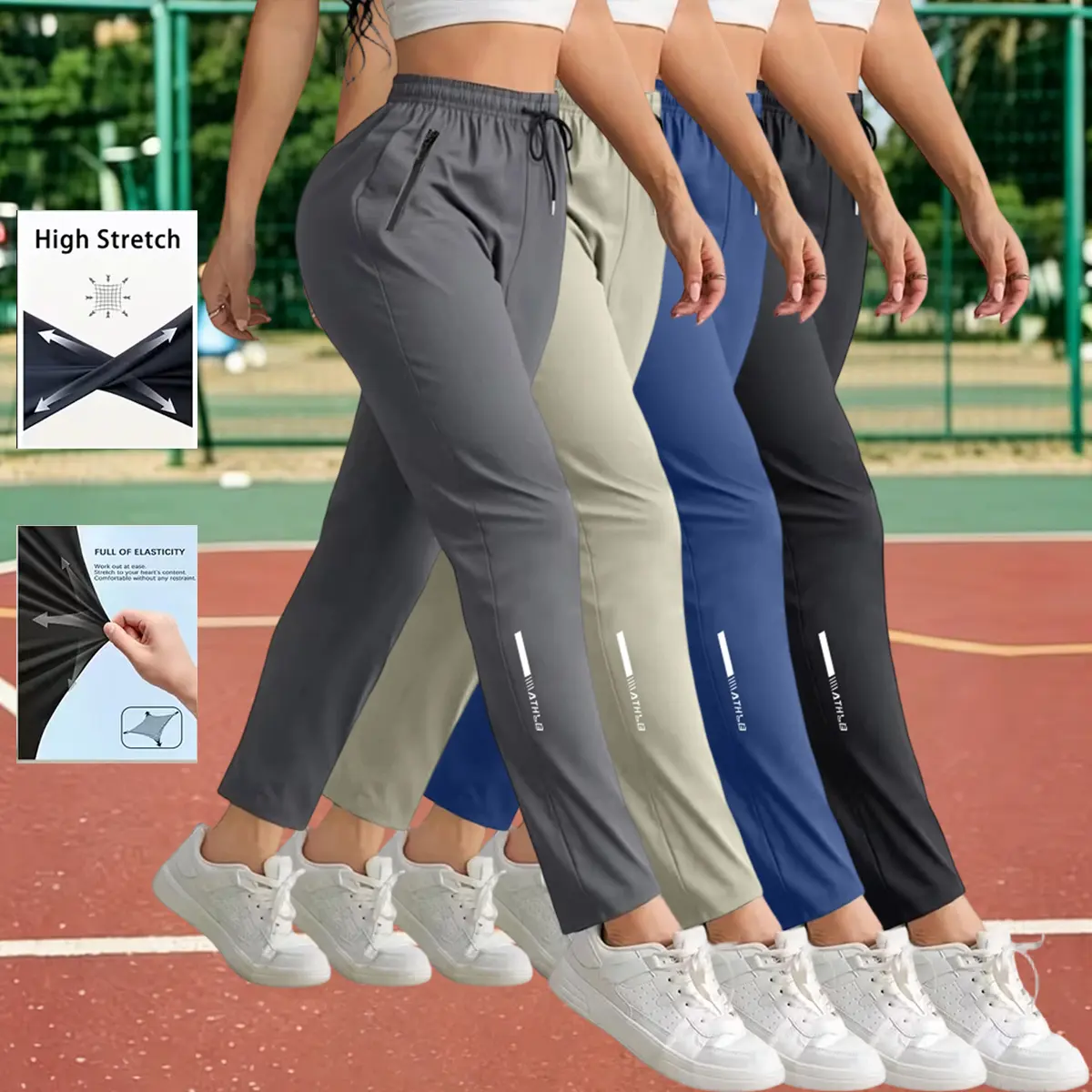 4-Pack Women’s Straight-Leg Athletic Fitness Pants for Outdoor Casual Wear — Lightweight, Breathable, Large Patch Pockets, Drawstring Design, Versatile for Multiple Scenarios