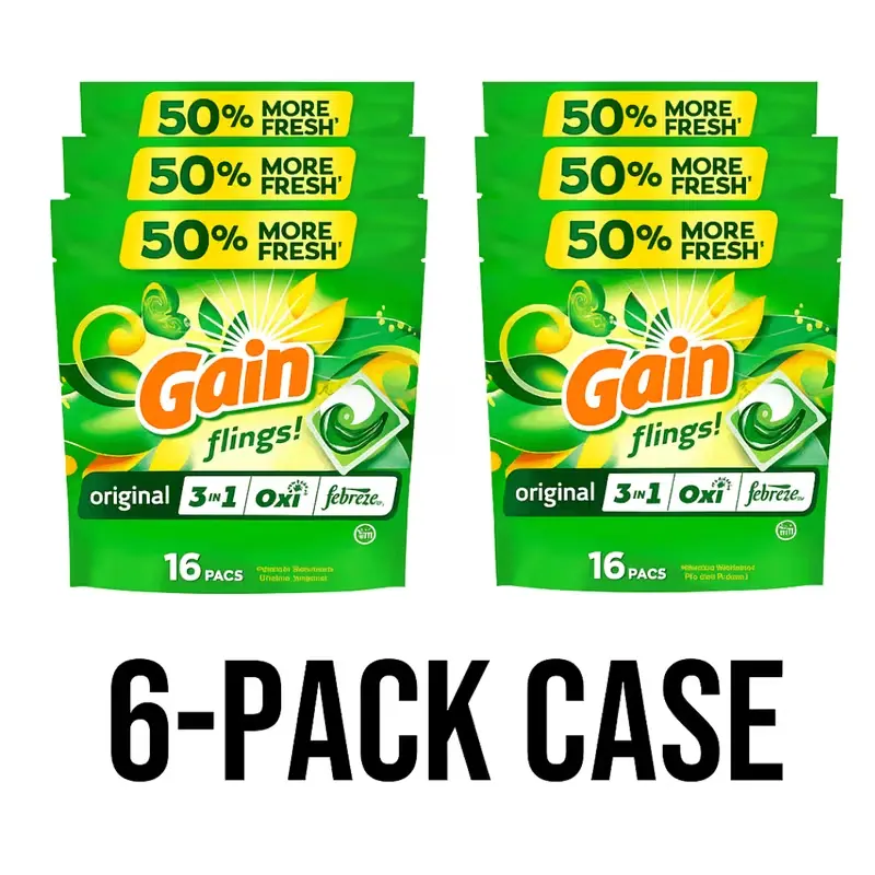 Gain Flings Original 3-in-1 Laundry Detergent Pacs, 6-Pack (16 per pack) - Deep Clean, Long-Lasting Freshness Household Cleaner