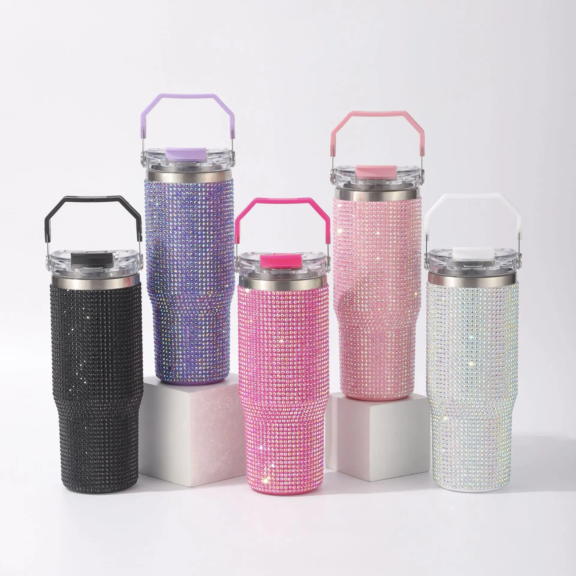 Women's 30oz Rhinestone Wrap Tumbler - Double Wall Vacuum Insulated Stainless Steel Travel Mug with Lid, Silicone Cover, Straw, Tea Compatibility, Leakproof Tumbler Shape Car Camping Cup, US Local Fast Shipping Festival Gift