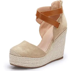 Coutgo Womens Wedge Espadrille Ankle Strap Closed Cap Toe Platform Heeled Sandals