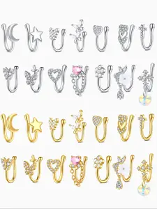Non-Piercing Zirconia Nose Ring Clip, Nose Cuff, Moon Butterfly Design, Silver Color, Elegant Women's Jewelry Accessory, No Piercing Needed