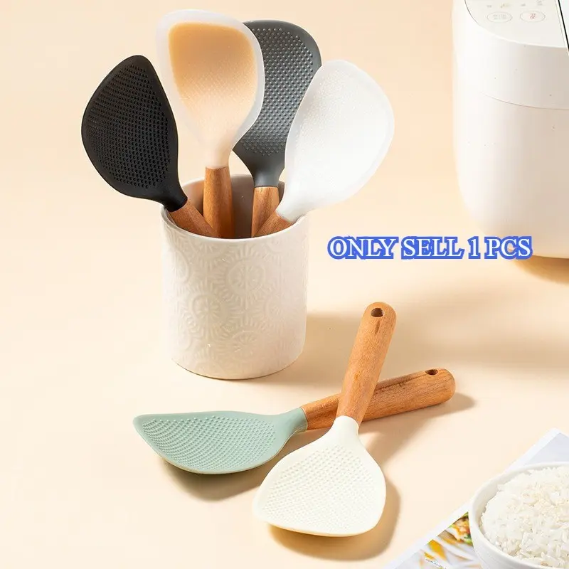 Wood Handle Food Grade Silicone Rice Spoon, Thick Sturdy Durable Non-Stick Rice Spoon, Electric Rice Cooker Spatula, Outdoor Washable Cooking Spoon, Utensils