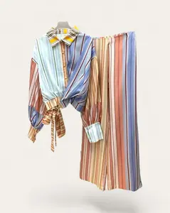Multi-Stripe Wrap Blouse & Skirt Set