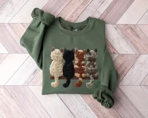 Faux Crochet Christmas Cat Sweatshirt, Cat Sweater, Cute Women's Shirt, Cats Lover Gift, Christmas Kitten Tee, Winter Cat Crewneck, Cat Owner Hoodie