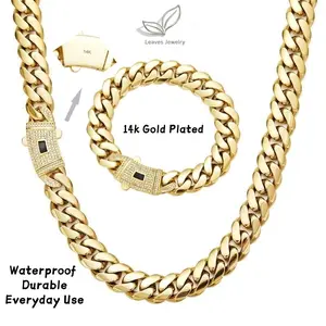 14K Real Gold-Plated Miami Link Cuban Necklaces and Bracelets Waterproof Abrasion-resistant Fade-resistant Diamond clasp Stainless steel chain Hip-hop style Width: 6/8/10/12/14 mm For both men and women The Perfect Gift jewelry E Everyday