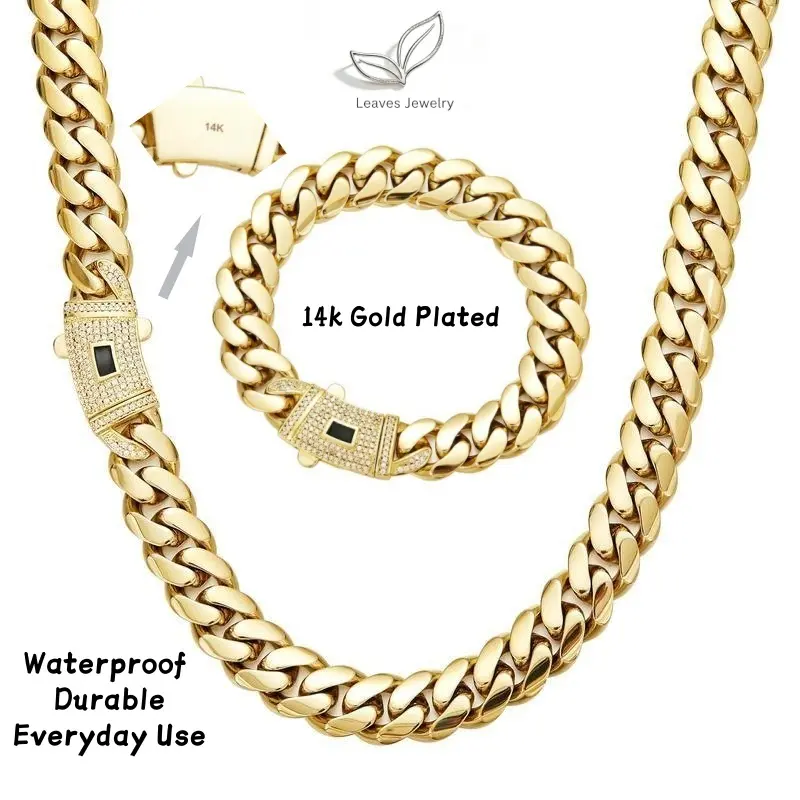 14K Real Gold-Plated Miami Link Cuban Necklaces and Bracelets Waterproof Abrasion-resistant Fade-resistant Diamond clasp Stainless steel chain Hip-hop style Width: 6/8/10/12/14 mm For both men and women The Perfect Gift jewelry E Everyday